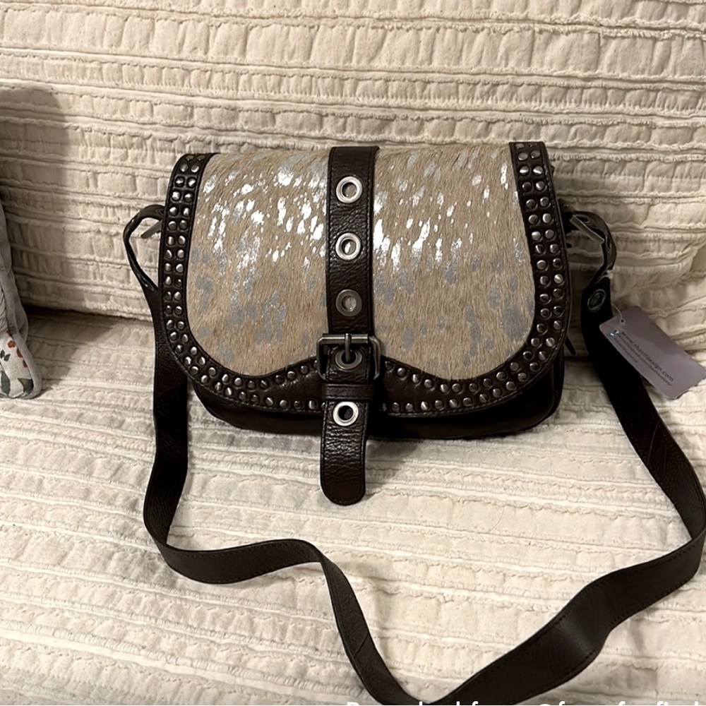 Sharif Black and Cream Studded Shoulder Bag